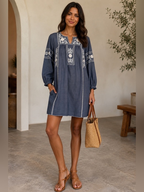 Roller Rabbit Dresses & Skirts - Roller Rabbit Abigail Blue Embroidered Cotton Tunic Dress Boho Medium